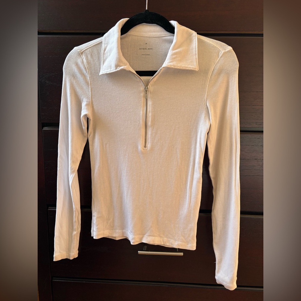 Everlane White Ribbed Quarter-Zip Top